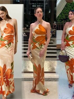 Retrofete Cream Maxi Dress with Orange Floral Print